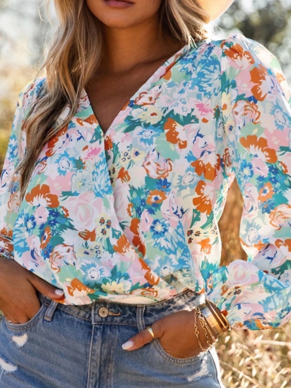 Floral V-Neck Wrap Blouse Bodysuit- L NWOT